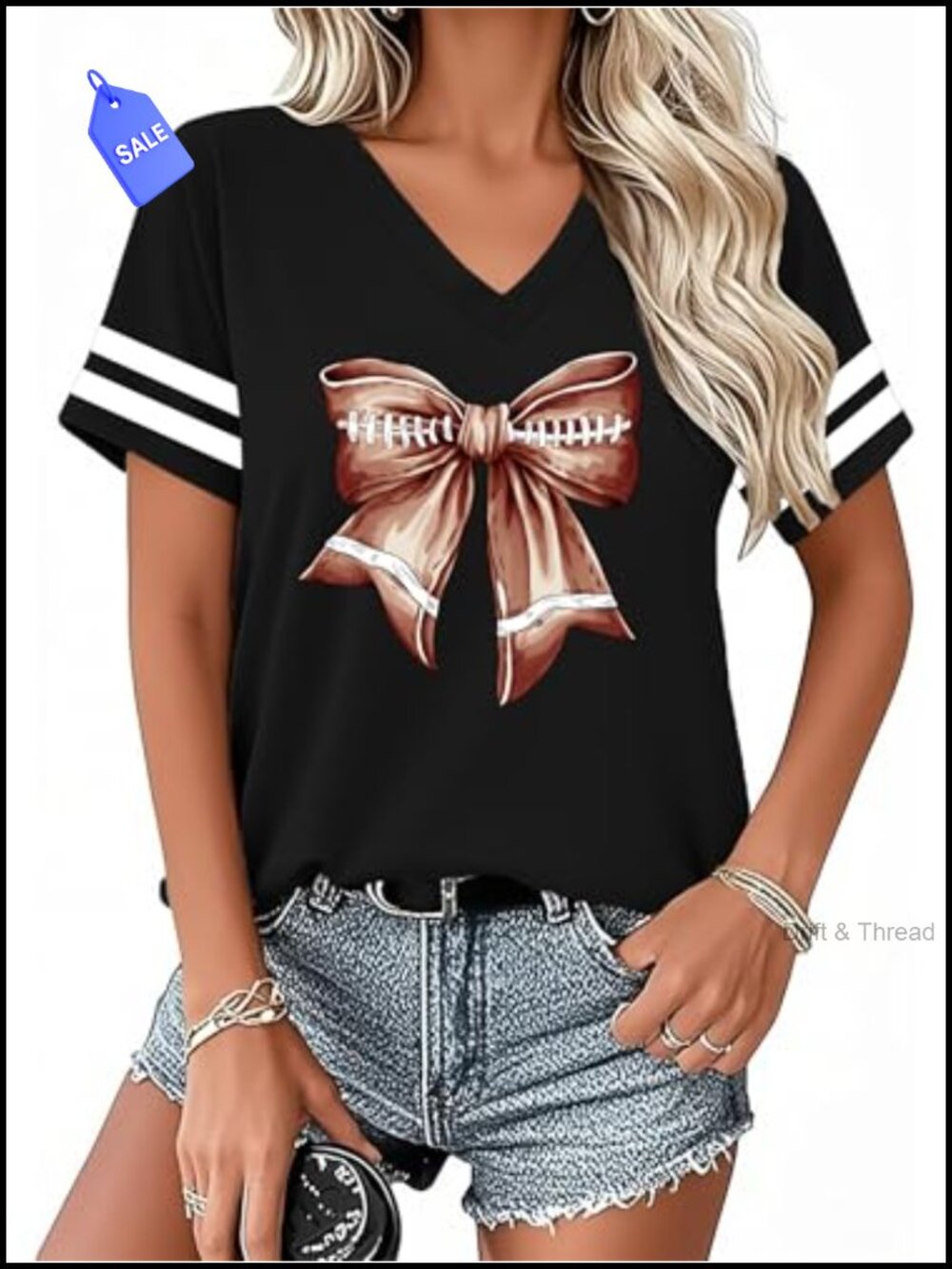 Women's Game Day Football V-Neck T-Shirt Polyester Rayon Spandex Short Sleeve